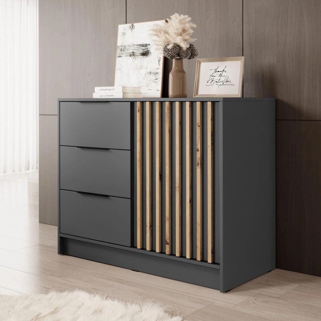 Kommode Stilo Graphit mit Eiche Artisan Lamellen – 105 cm, Produktbild 