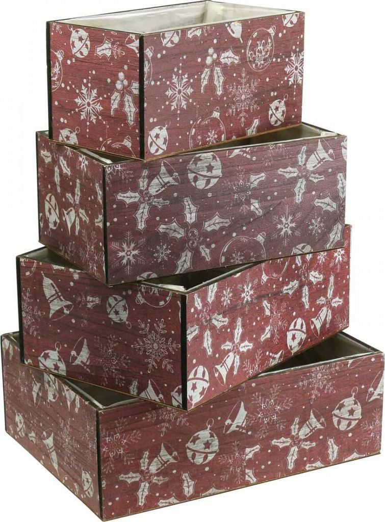Weihnachtlicher Blumenkasten Set 4er Holz Rot Festliche Pflanzkästen mit Weihnachtsmotiven für Dekopflanzen