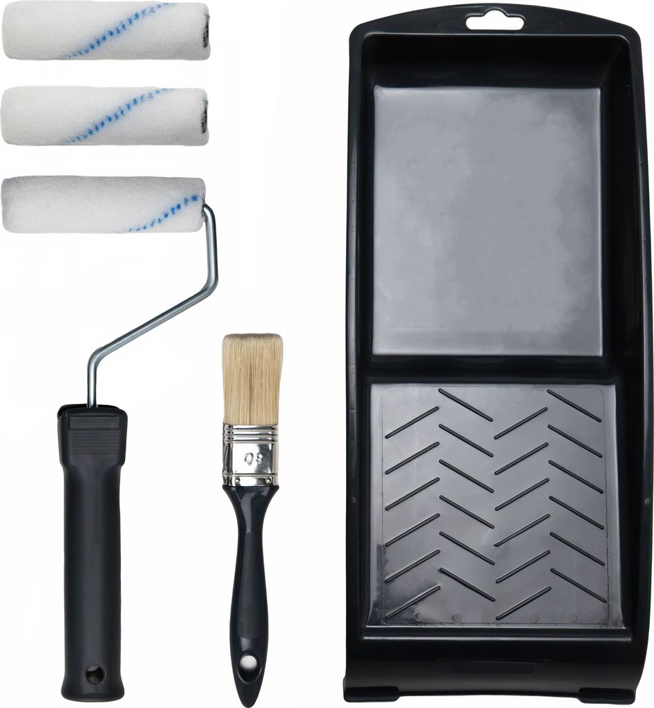 Malerset Klein 5tlg zum Lackieren von Kleinflächen PL150 - Farbroller 10cm + 2 Ersatzrolle + Farbwanne + Pinsel 30mm