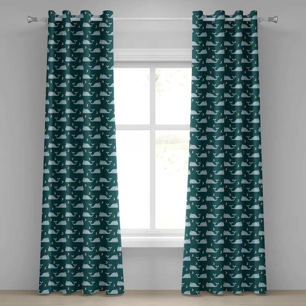 Rideau design Wal 2 panneaux en tissu bleu sarcelle motif lune et mer