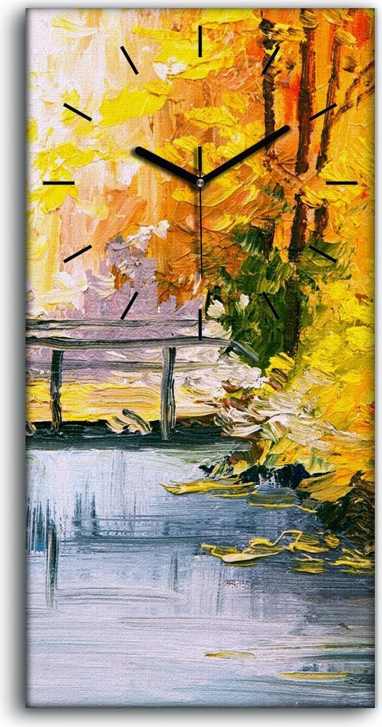 Wohnzimmer-Bild Leinwand Uhr 30x60 Malerei Wald Bäume Fluss Brücke Natur Kunst - schwarze Hände
