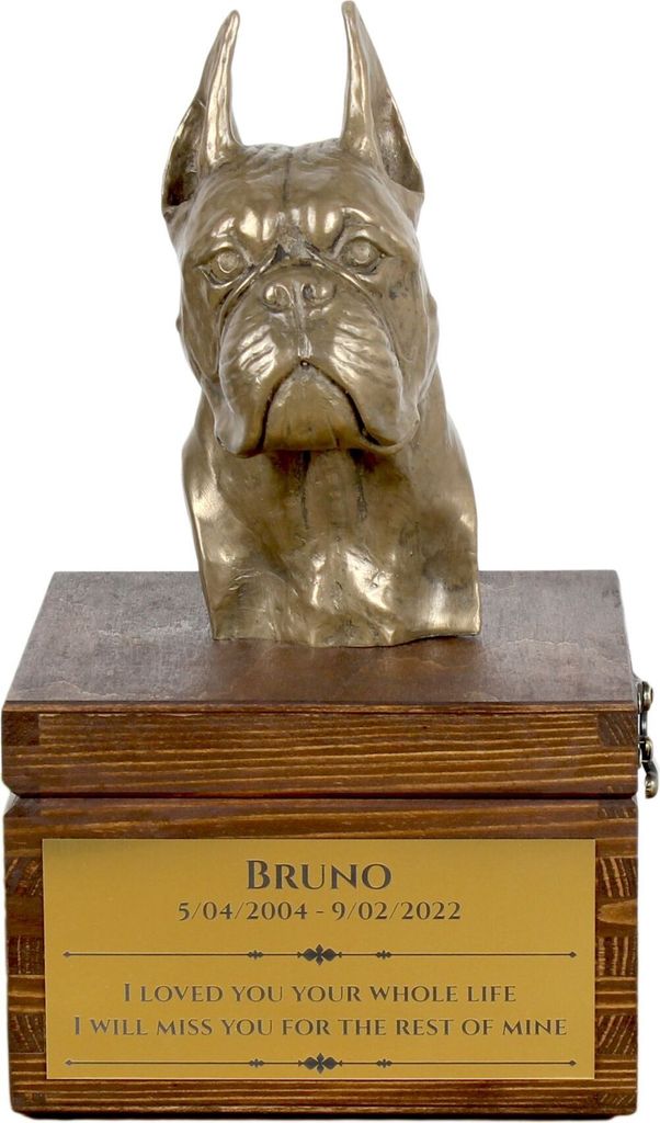 Boxer, Deutscher Boxer - Eine Ascheurne für Hunde mit einer Statuette, eine kleine Urne für Hunde, eine personalisierte Urne mit dem Porträt ein...