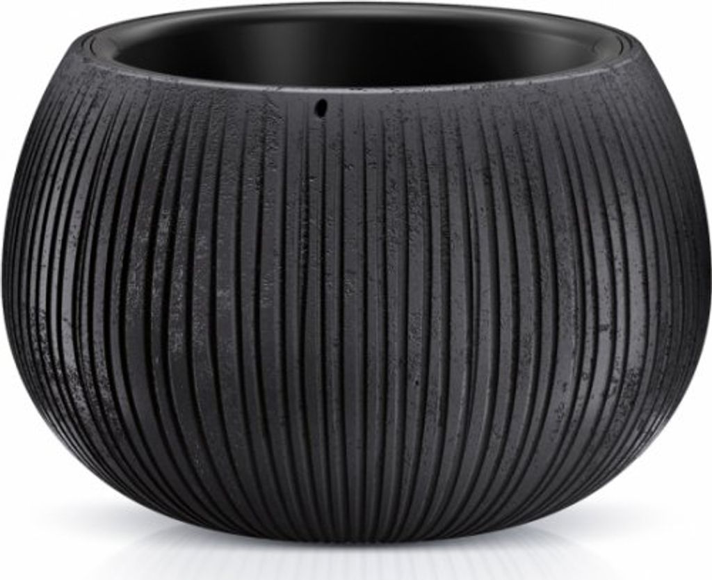 A black, ribbed planter pot is shown against a white background.