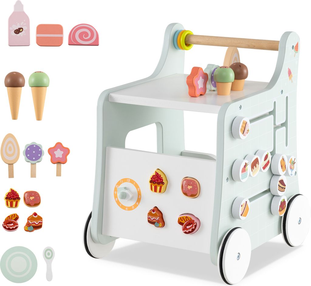 GOPLUS 2-in-1 Holz Baby Lauflernwagen, mit Accessoires & rutschfeste Räder, Aktivitätszentrum Spielzeug 1+ Jahre