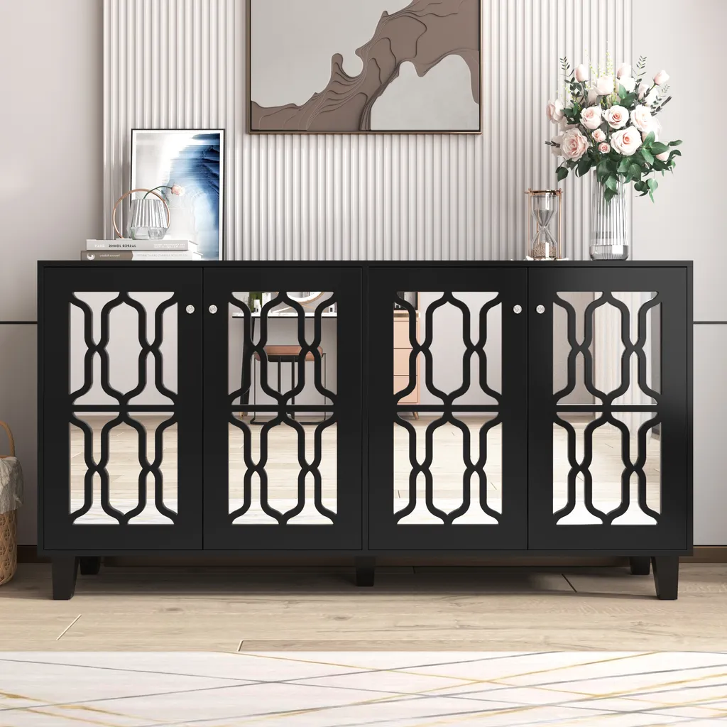 Commode à motif géométrique Trellis et façade miroir graphique noire