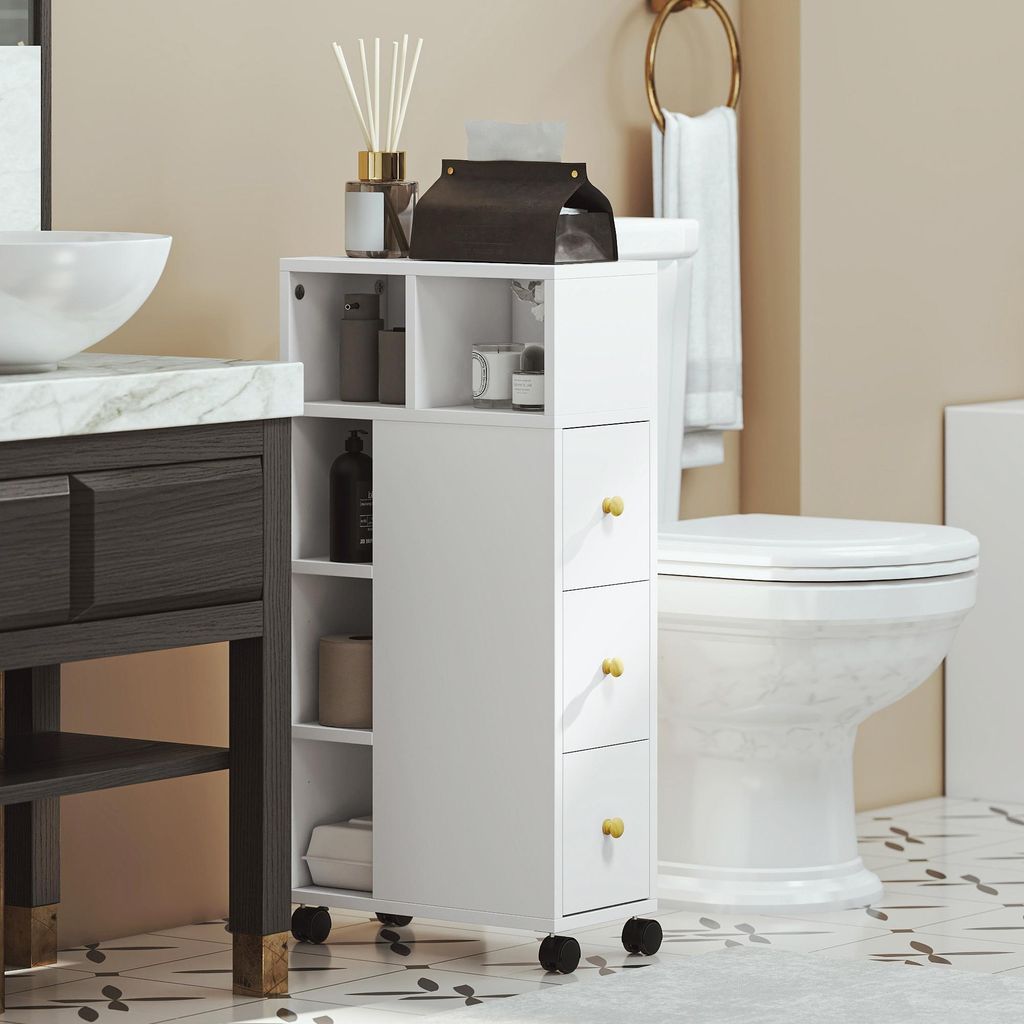 Badezimmerschrank schmal auf Rollen, Badschrank mit 3 Produktbild 