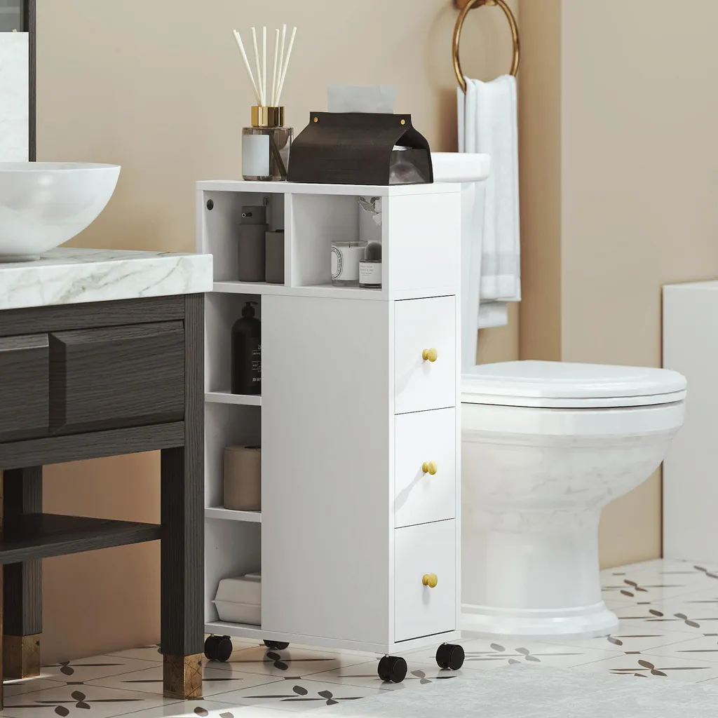 Meuble de salle de bain 3 tiroirs et 5 compartiments sur roulettes 80cm
