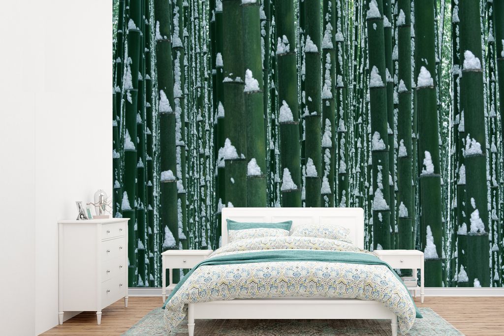 MuchoWow Fototapete für Wohnzimmer oder Schlafzimmer Wandtapete Vinyl Motivtapete Bambuswald im Winter - 415x300 cm - Küche