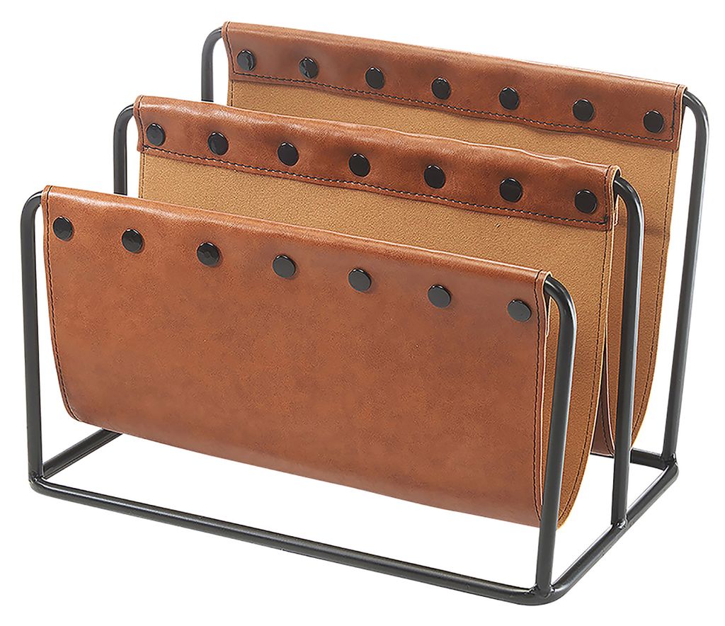 Kobolo Zeitungsständer aus Metall und Kunstleder braun - zwei Fächern 38x25x27cm - Büro Box Korb Magazinhalter Briefhalter Sammler Ordnung Dekor...