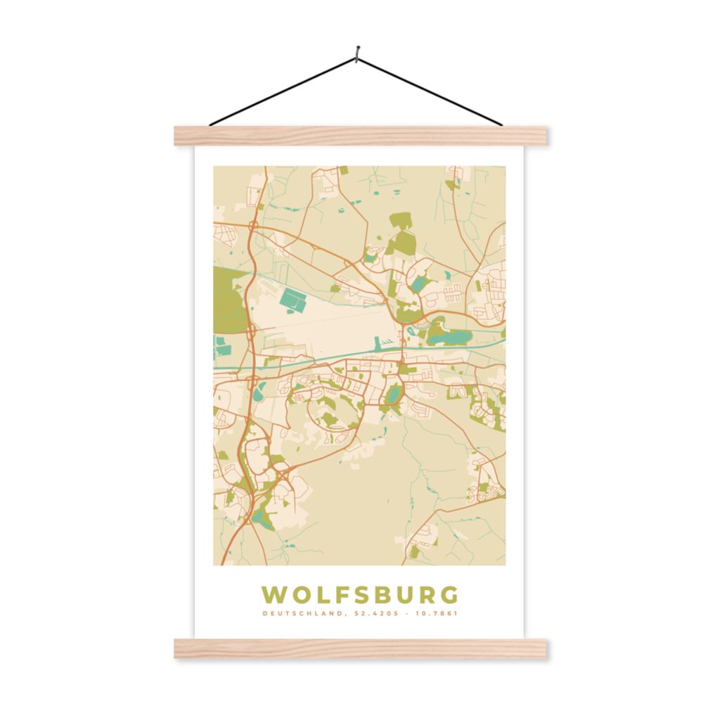 MuchoWow Textilposter Wolfsburg - Vintage - Karte - Stadtplan 40x60 cm mit holzfarbenen Rahmen - Poster