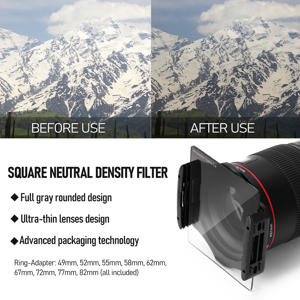 thumbnail image 2 of Nd Filter Neutral Density Filter Graduated 25-Piece Square Filter Kit For DSLR - Includes ND, Graduated & Color Filters Adapter Rings (49-82mm) Cokin Filters Lens Pen 2 of 13