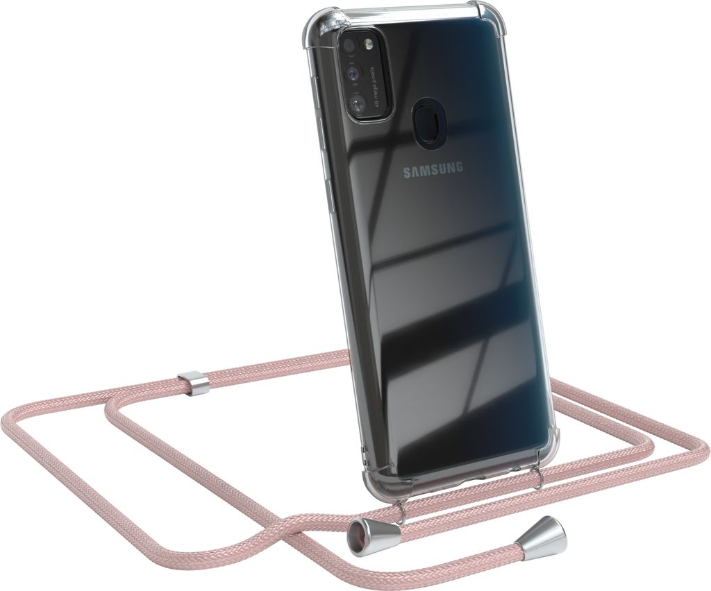 EAZY CASE Handykette kompatibel mit Samsung Galaxy M30s / M21, Handyhülle mit Umhängeband, Handykordel, Schutzhülle Clear, Band in Rosa