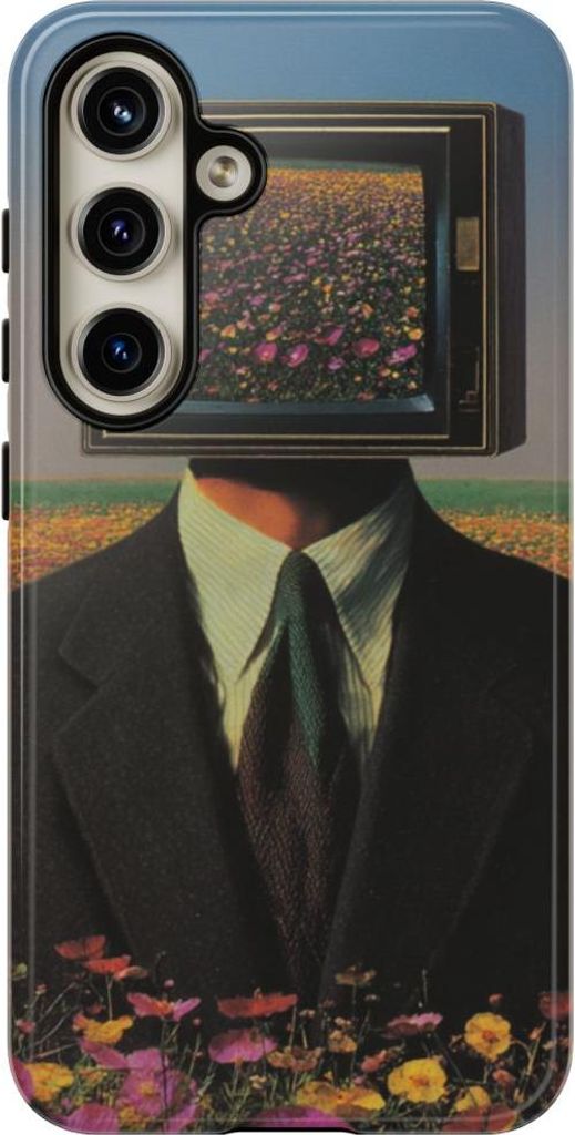 Surrealer Mann mit Fernseherkopf im Blumenfeld – Hülle Kompatibel mit Samsung Galaxy S24