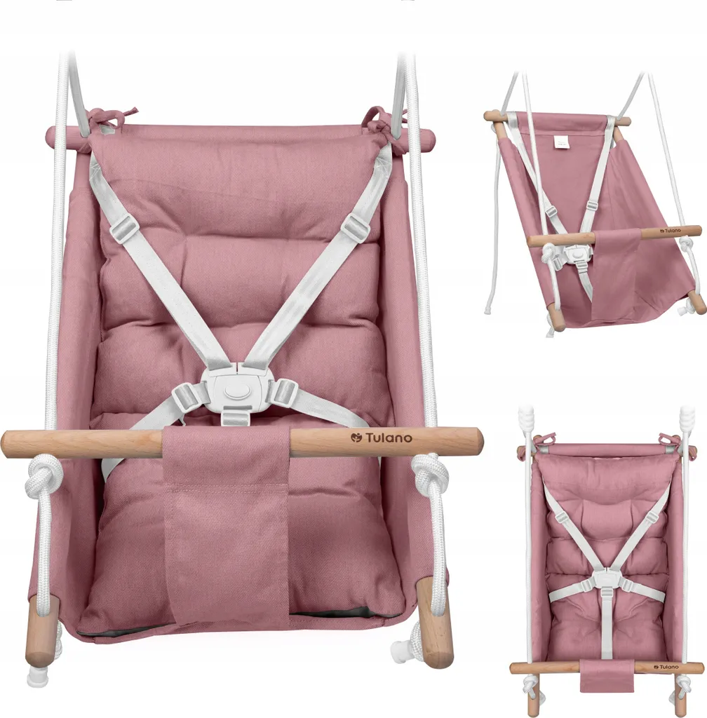 Tulano Hop 40 Altalena Neonato 3in1 in Legno | Fino a 60kg | Rosa-Grigio - 14