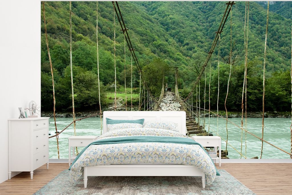 MuchoWow Fototapete für Wohnzimmer oder Schlafzimmer Wandtapete Vinyl Motivtapete Brücke - Holz - Fluss - 320x240 cm - Kindertapete - Tapeten