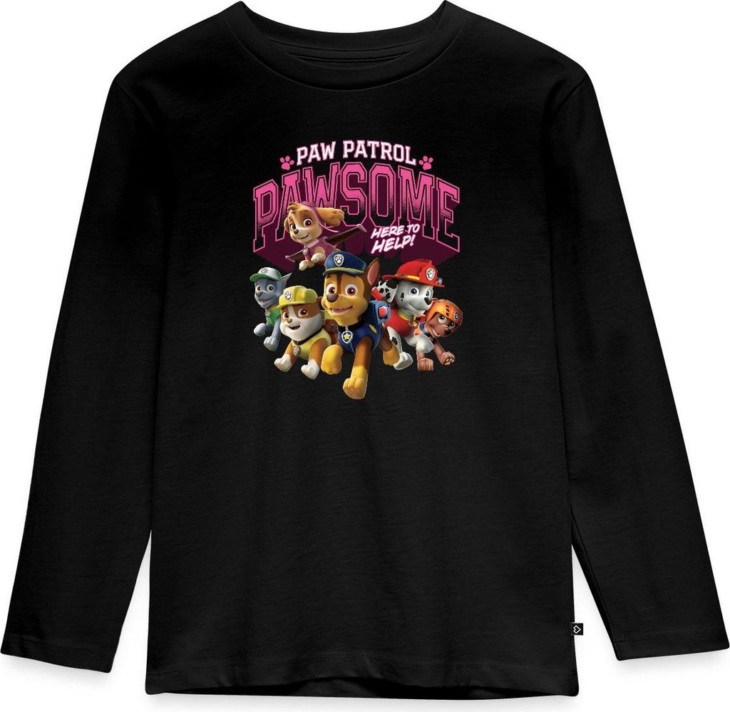 Spreadshirt Paw Patrol Pawsome Here To Help Spruch Rosa Kinder Premium Langarmshirt, 98/104 (2 Jahre), Schwarz