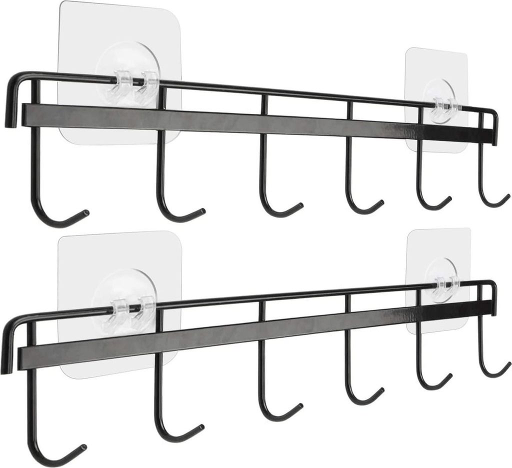 Selbstklebende Wandhakenleiste für Küche und Bad, platzsparender Utensilienhalter, bohrfrei, mit 6 Haken, 2er-Packung