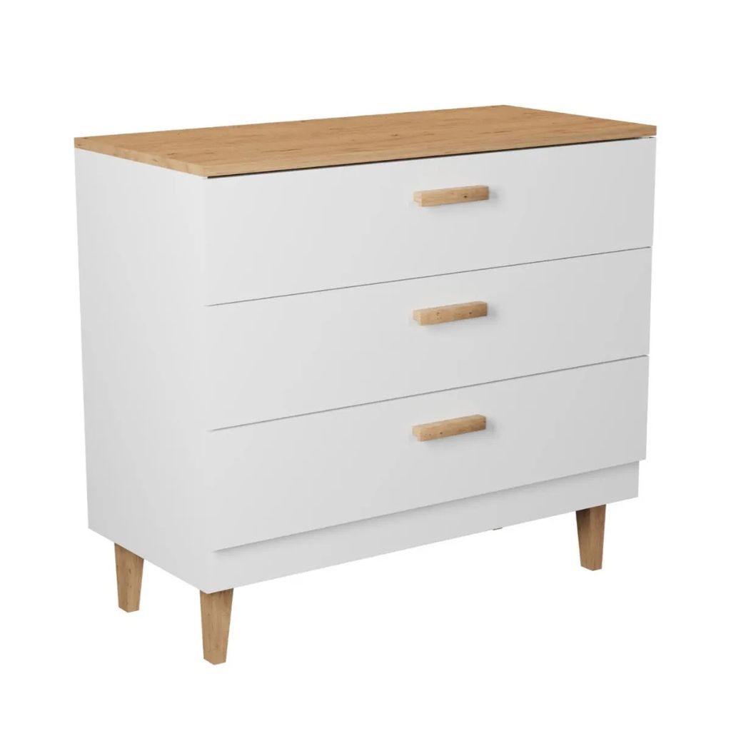 A white dresser with a wood-tone top and wooden handles, shown against a white background.