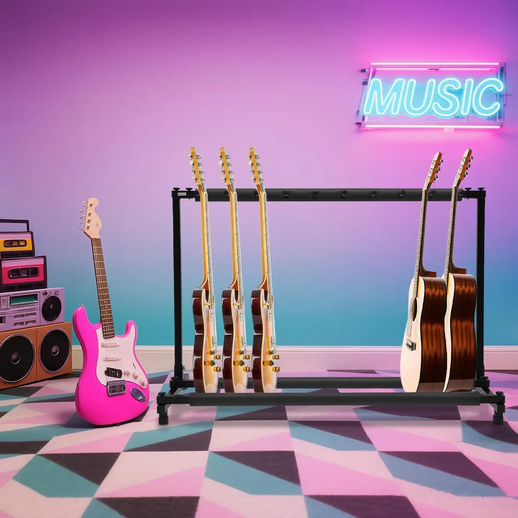 Rack guitare 9 slots idéal pour studio et scène, structure métal noire