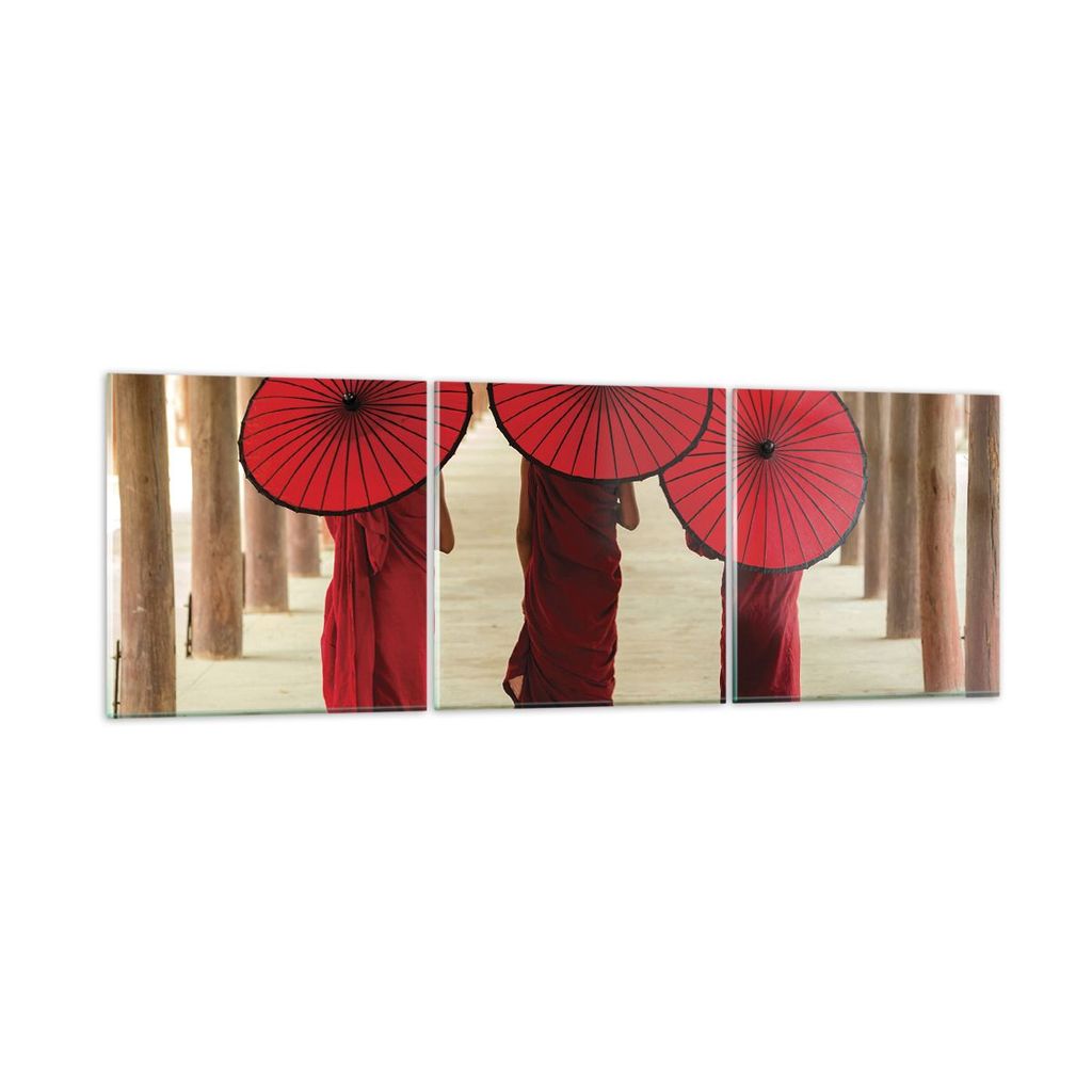 Bilder auf glas - 3 Teile - Bhutan Regenschirm Rot - 90x30cm - Glasbilder - Wandbilder - Bilder - zum Aufhängen bereit - Wanddekoration aus Glas -...