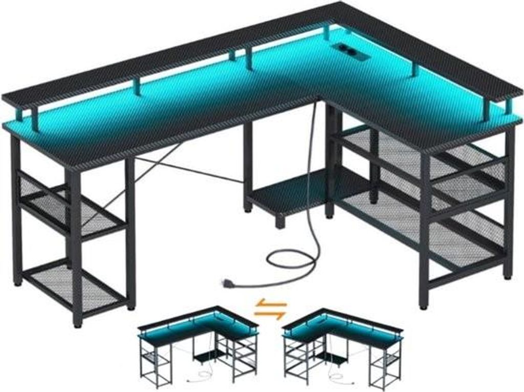 YOLO SHOP Eckschreibtisch - Gaming-Schreibtisch - mit LED - 150 × 102 cm - Wendbar - mit 2 Steckdosen und 2 USB-Anschlüssen - mit Netzablage - ...