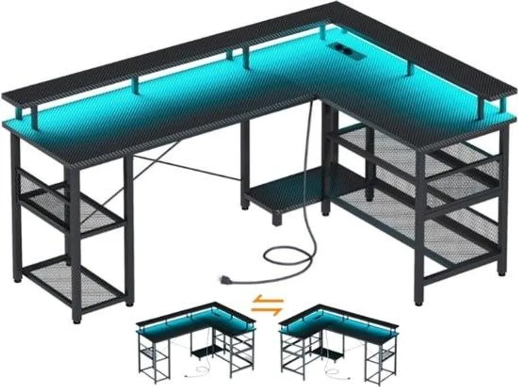 Grand Bureau d'angle pour Setup Gaming avec LED et Hub USB Intégré