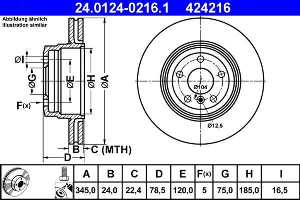 Disque de frein ATE 24.0124-0216.1 pour BMW X5 et X6 OE 34216771971