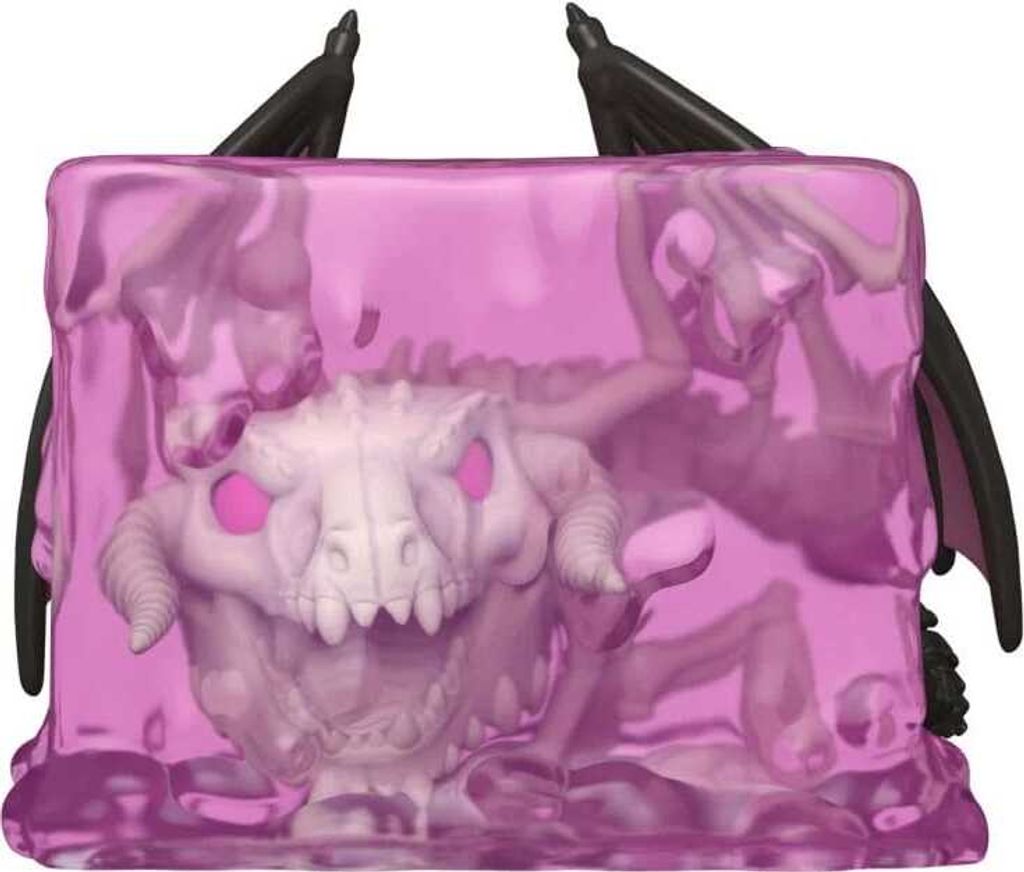 A stylized figurine of a dragon-like creature encased in a translucent pink gelatinous cube.