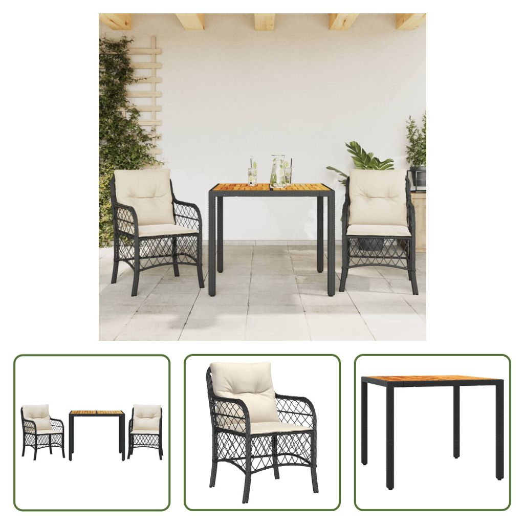 The Living Store 3-tlg. Bistro-Set mit Kissen Schwarz Poly Rattan