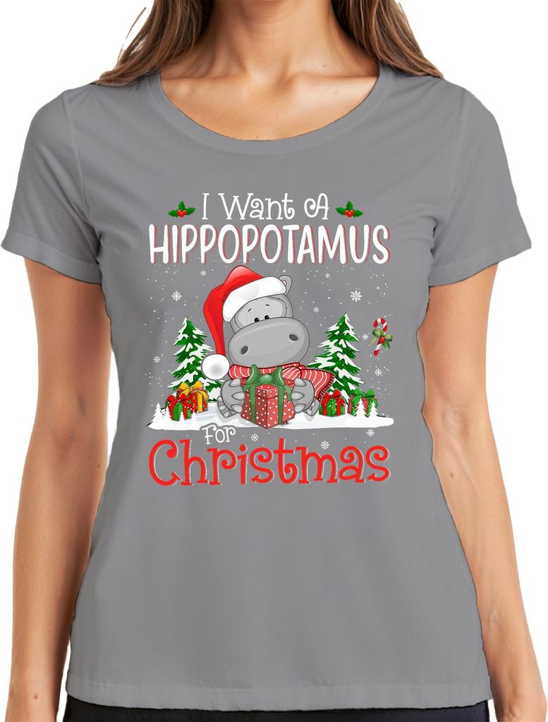I Want A Hippopotamus For Christmas Lustig Nilpferd Santa Damen T-Shirt, Grau, XXL
