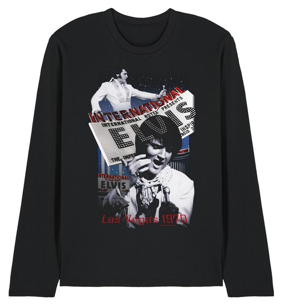 Elvis Presley - "International Hotel" T-Shirt für Herren/Damen Uni, Langärmlig TV32992 (XXL) (Schwarz)
