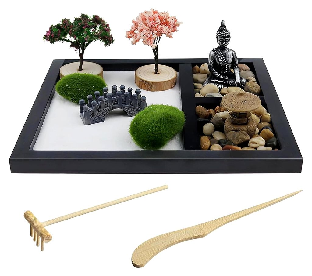 Miniatur Zen Garten Set für Sandmeditation mit Holzsockel und Buddha-Statue