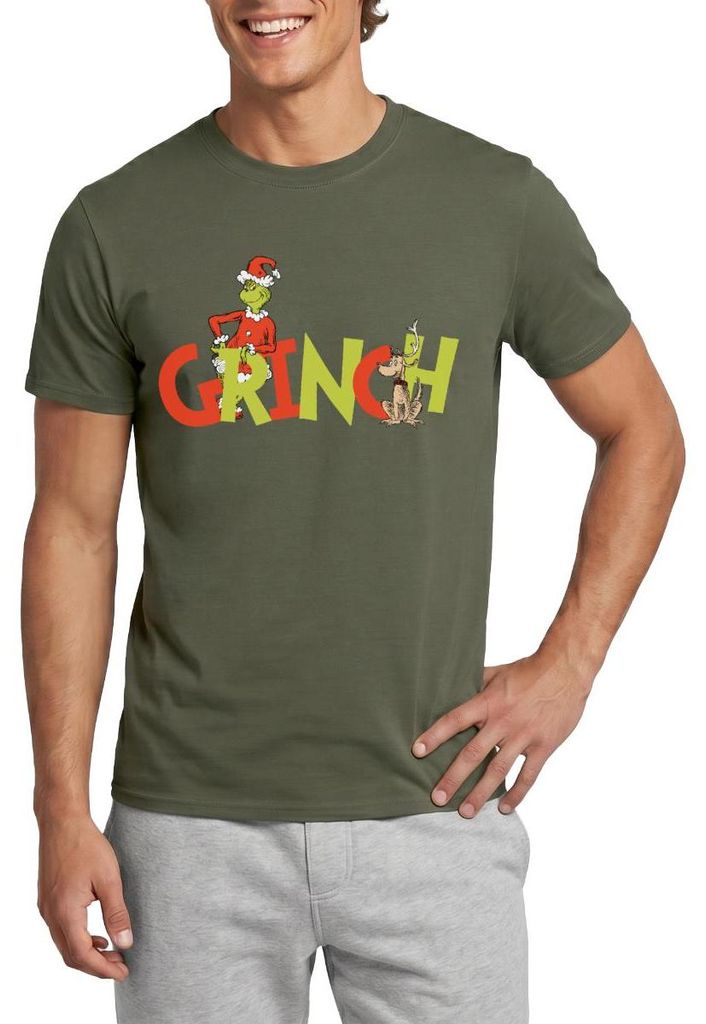 Spreadshirt Der Grinch Schriftzug Mit Grinch & Hund Max Männer T-Shirt, 4XL, Militärgrün