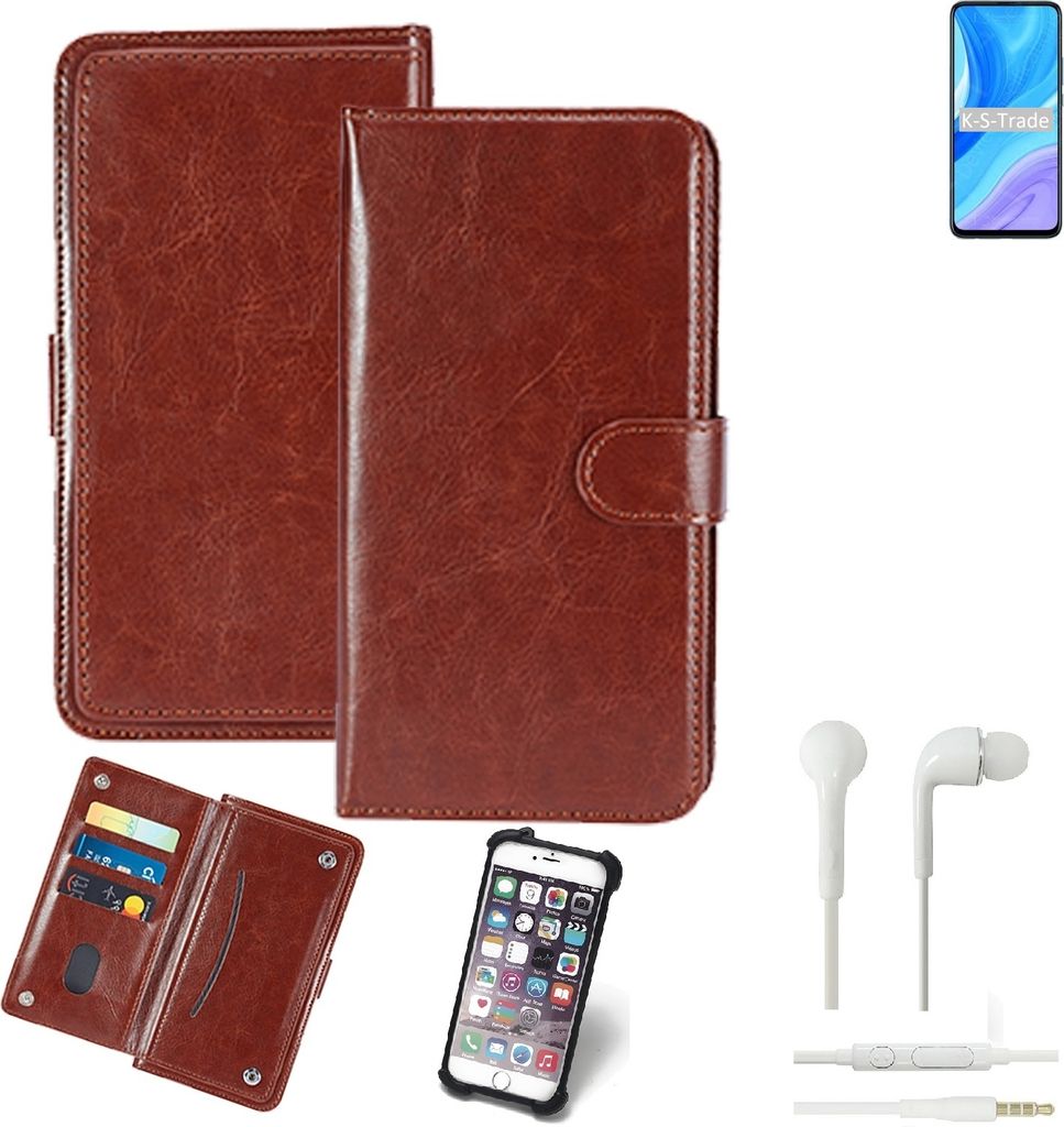K-S-Trade 360° Hülle kompatibel mit Huawei Enjoy 10 Plus inkl. Headphones braun Kunstleder Case BookCase WalletCase Kunstlederederhülle