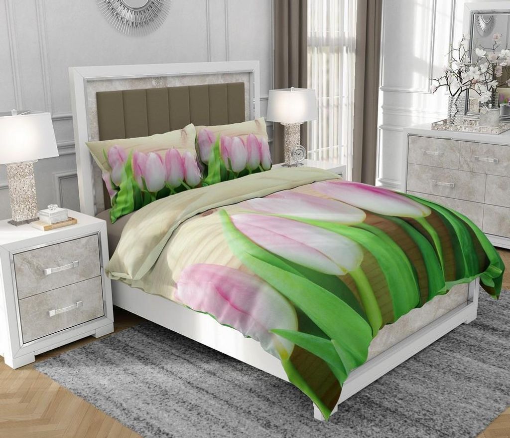 Bettwäsche 200x220 cm + 2x70x80 cm, 3-teilig, 100% Baumwolle, Satin, Reißverschluss, Tulpen, Bunt - SOVIO | So.0285