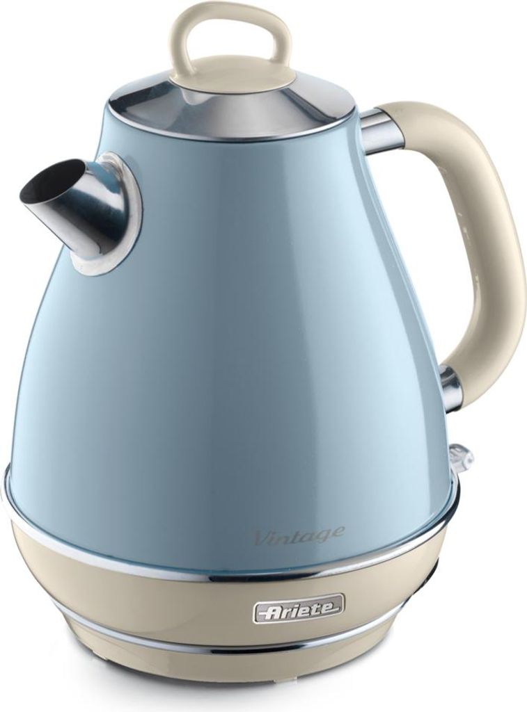 A vintage-style electric kettle in blue and cream.