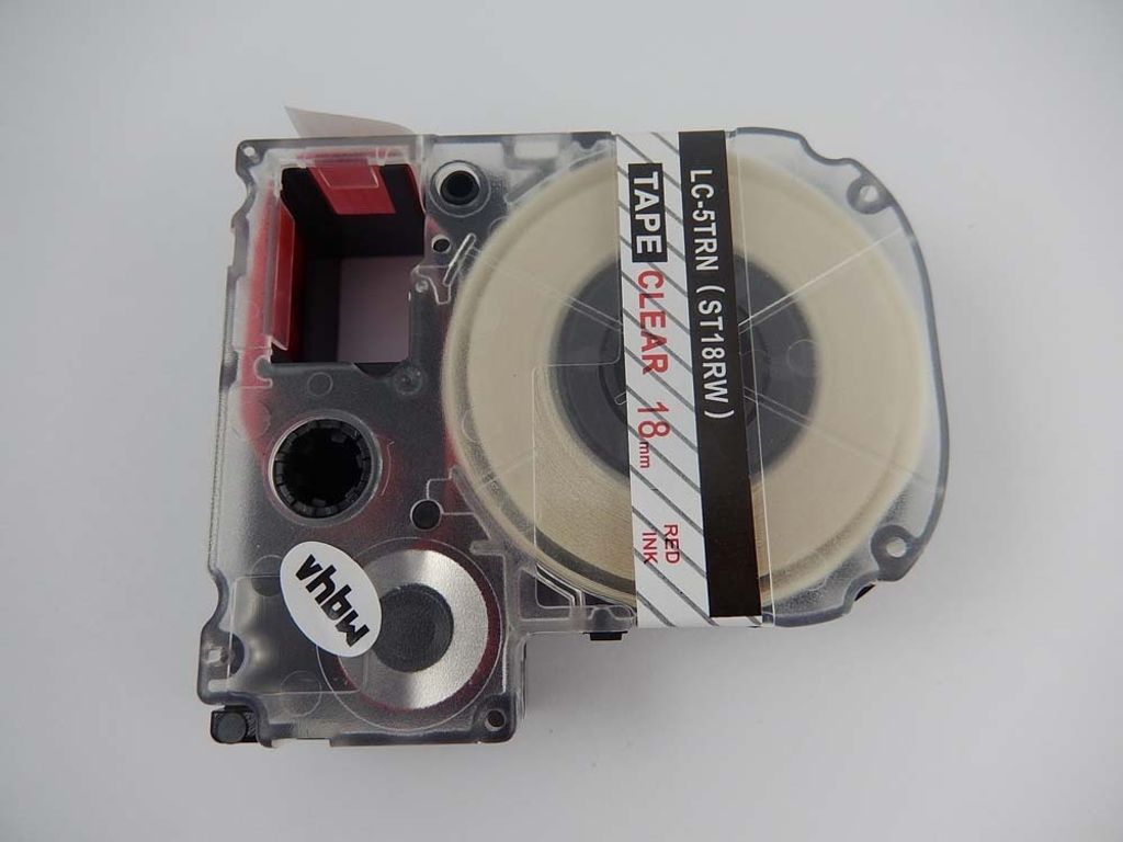 vhbw Schriftband-Kassette kompatibel mit KingJim SR-PBW1, SR-RK1, SR750, SR950 Etiketten-Drucker 8m x 18mm Rot auf Transparent