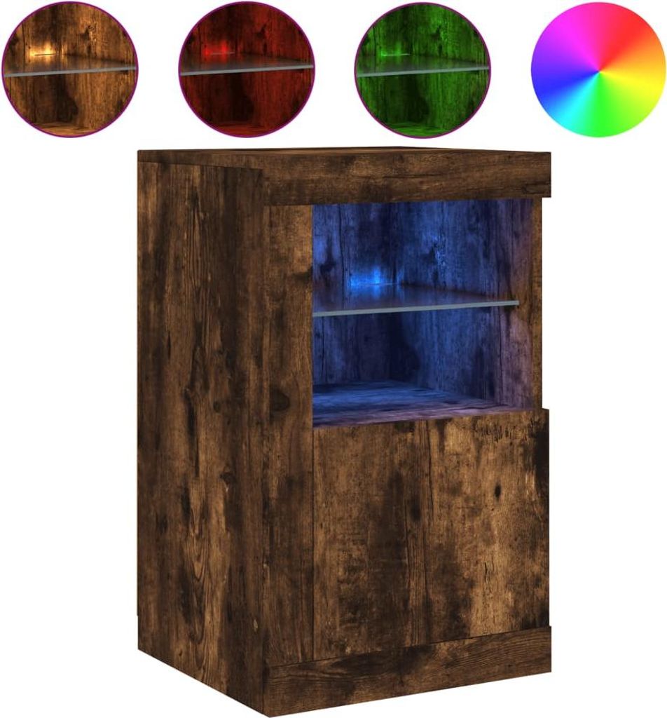 A product shot of a wooden cabinet with LED lighting.
