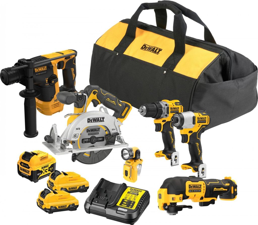 Dewalt zestaw combo 12v dck611p1d2 (dch072+dcs512+dcd701+dcf801+dcs353+dcl510) 1x5,0 2x2,0ah torba