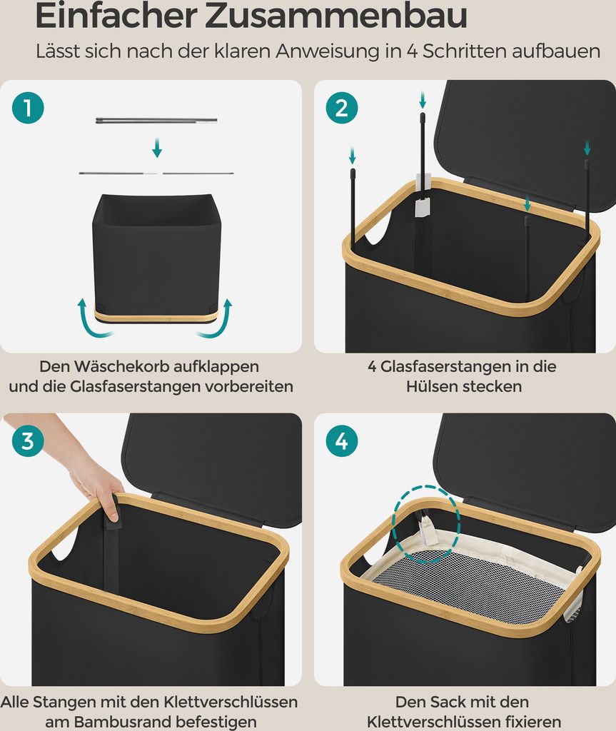 SONGMICS Wäschekorb Mit Deckel, 90 L, 2 Fächer + 6 Netzsäcke – Faltbarer Weidenkorb Für Bad & Schlafzimmer