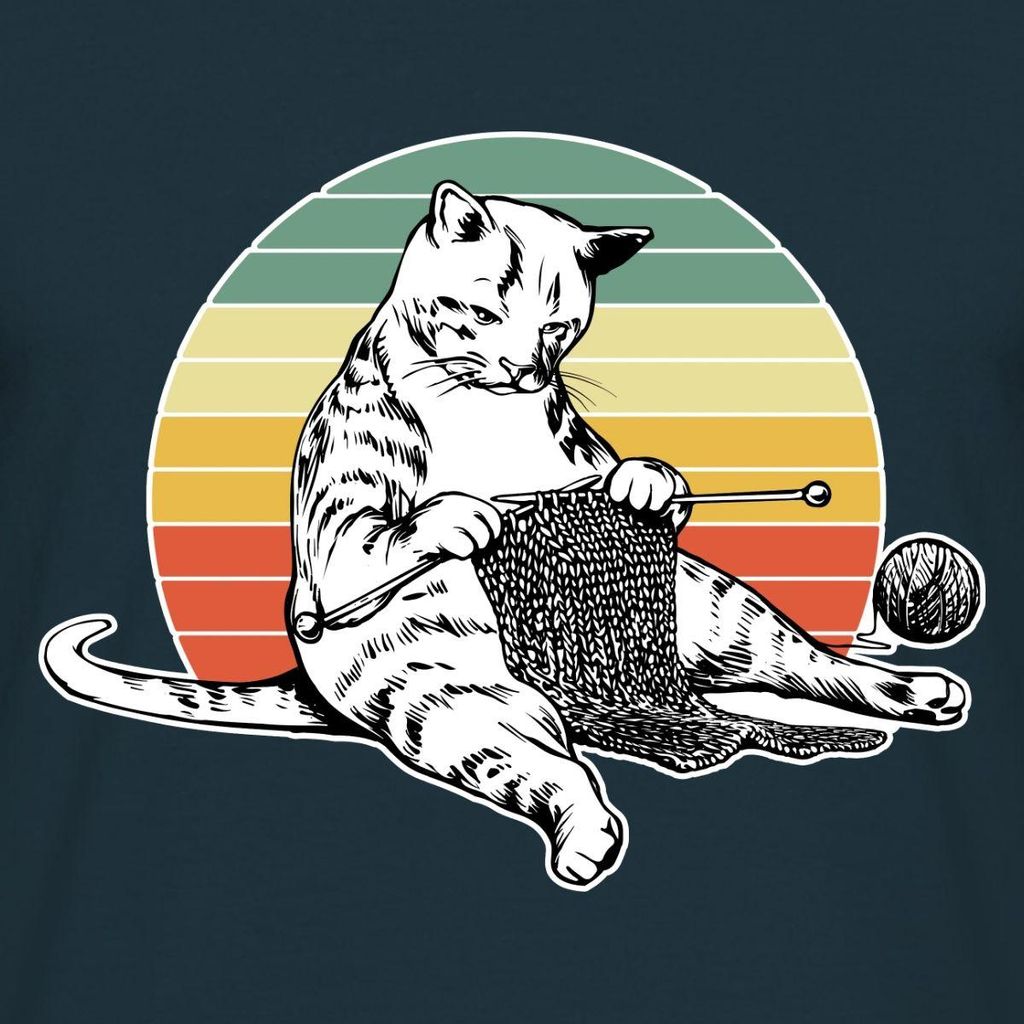 Spreadshirt Strickende Katze | Retro Katze Mit Wolle Männer T-Shirt, S, Navy