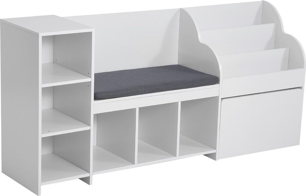 SucceBuy Kinderregal mit Sitzbank, Rückenlehne, Bücherregal und Spielzeug-Organizer, Aufbewahrungstruhe für Spielzimmer, Wohnzimmer oder Eingang...