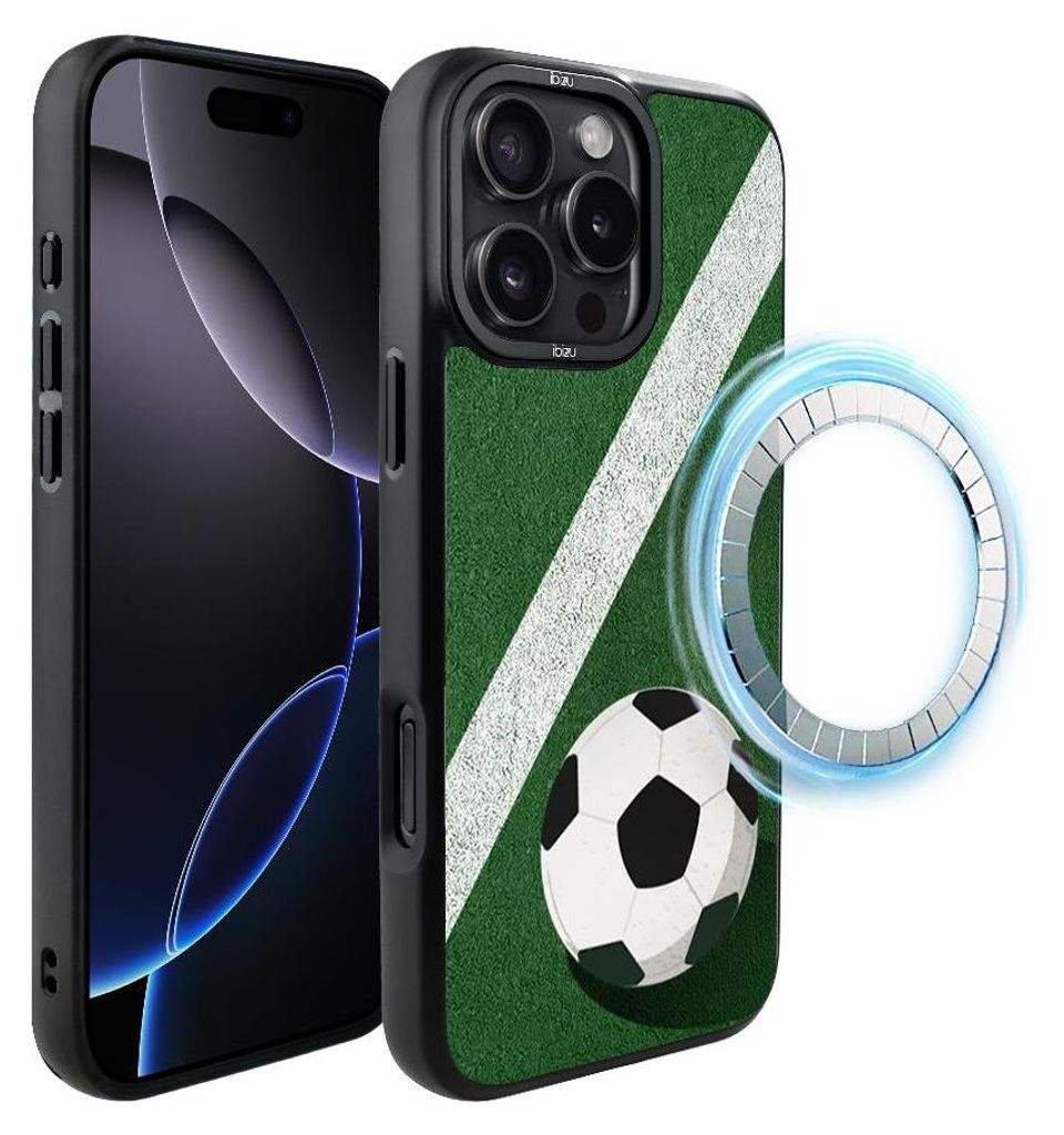 Schutzhülle für das iPhone 16 Pro Max, MagSafe-kompatibel, mattschwarze Seiten, Fußball, Spielfeld