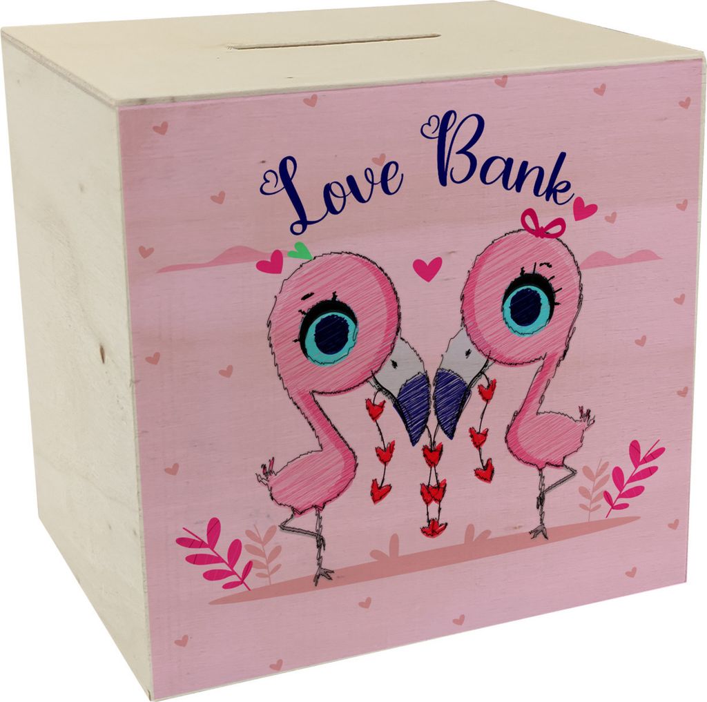 Flamingo Spardose aus Holz in rosa mit Spruch Love Bank