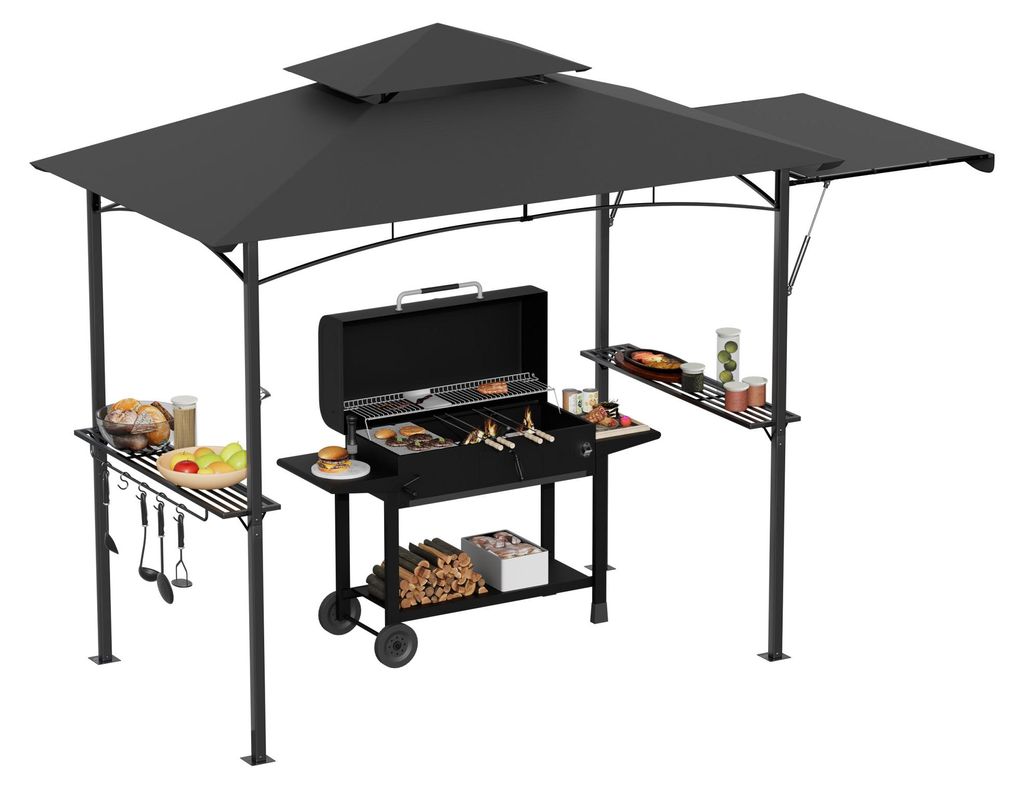 YARDIN Grillpavillon Freiluft, Hydraulikgasdruckstange Ausläufer, Stahl + Polyester, feuerresistent, Wind- & Sonnenschutz, Grau