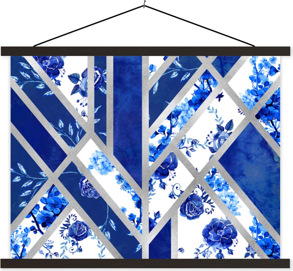MuchoWow Textilposter Delfter Blau - Design - Abstrakt 60x45 cm mit schwarzem Rahmen - Poster Schlafzimmer