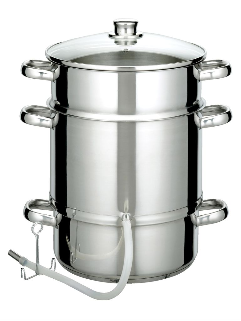 A stainless steel juicer with a glass lid and a white hose attached to the bottom.