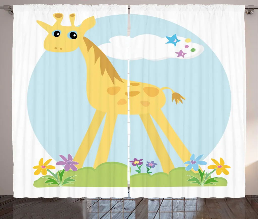 Rideau à fronces Girafe ABAKUHAUS 280x225 cm Blanc Moutarde et Bleu