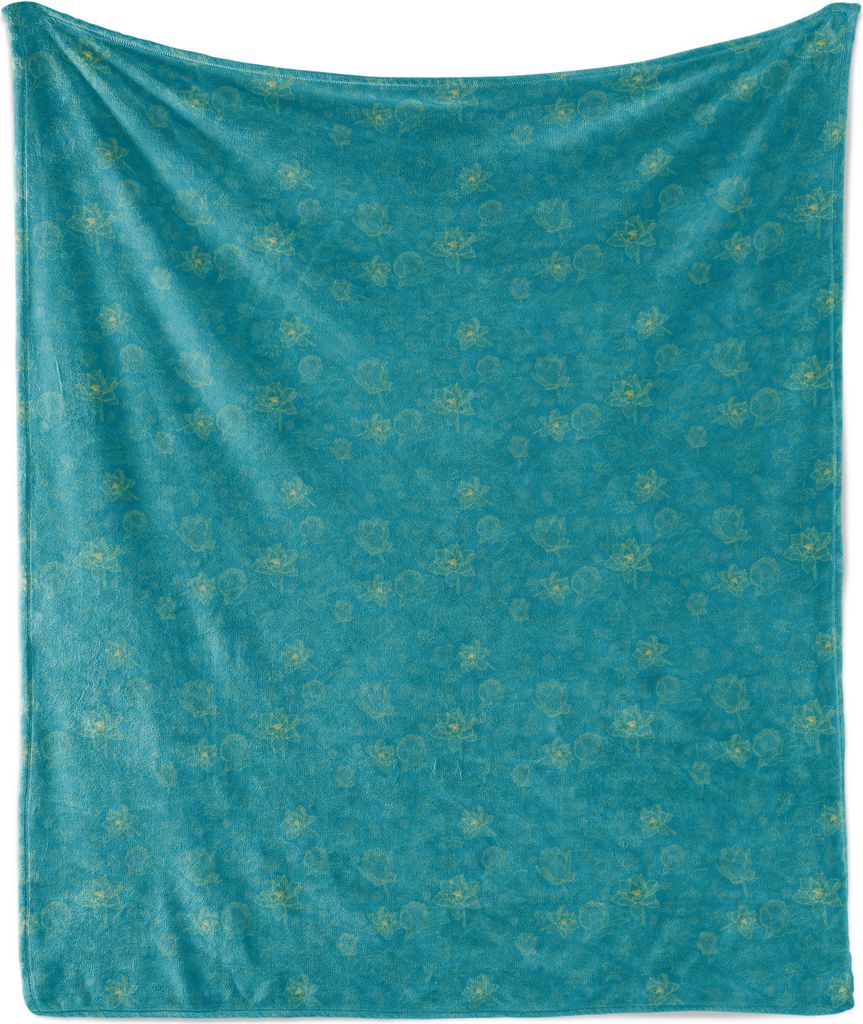 ABAKUHAUS Blumen Weich Flanell Fleece Decke, Skizzieren Lotus Blumen und Blätter Muster Zarte Petal Damast, 175 x 230 cm, Türkis Avocadogrün