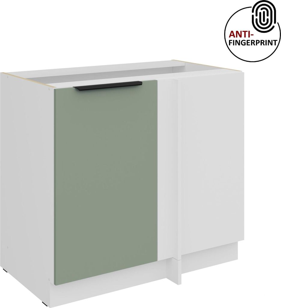 Küchen Eckunterschrank 105 cm Küche ARIA Aquamarin ultra matt + Weiss matt, hochwertige Fronten mit Anti Fingerprint Beschichtung Küchenzeile K...
